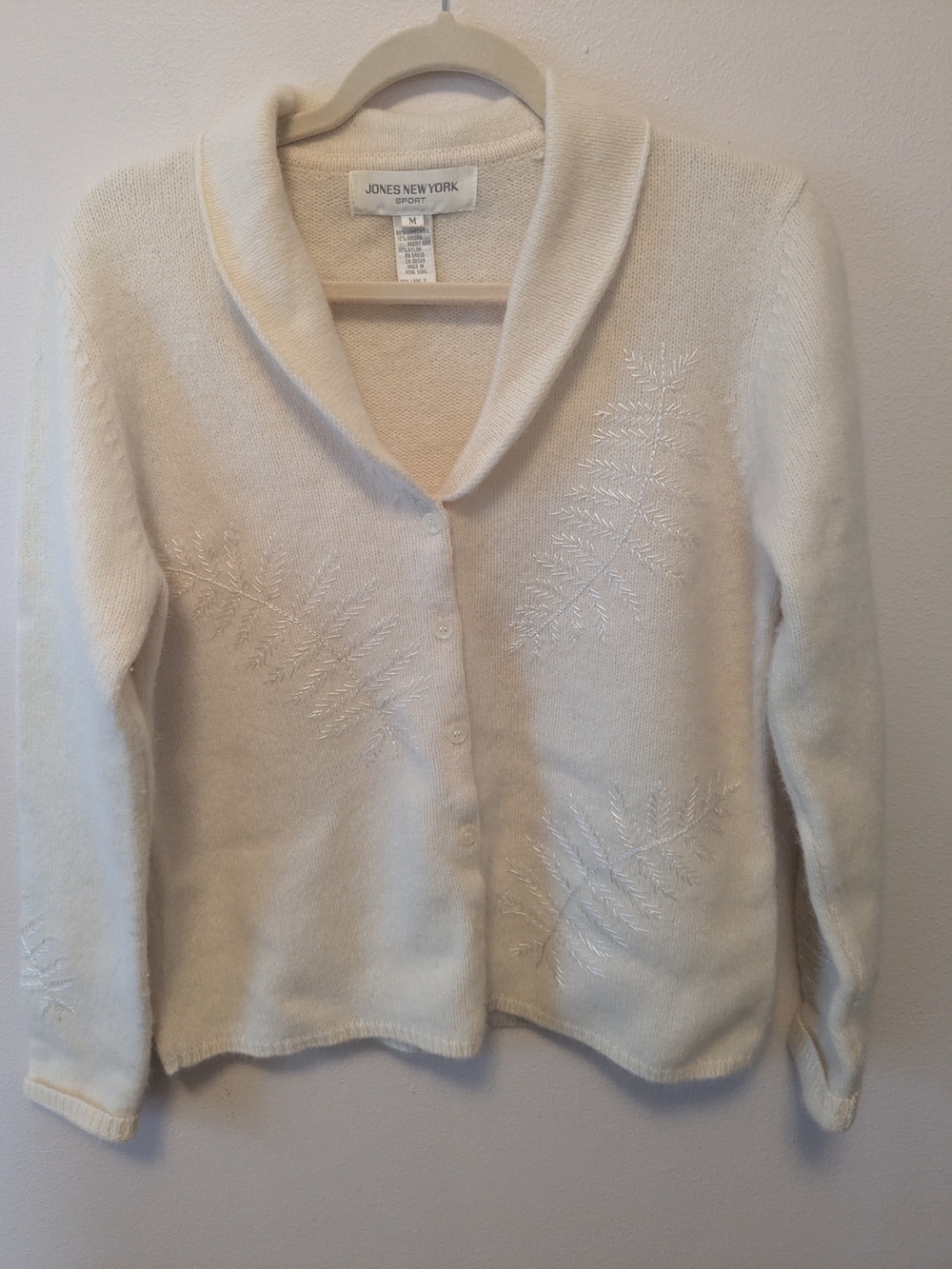 Jones New York Ivory Embroidered Shawl-Collar Cardigan